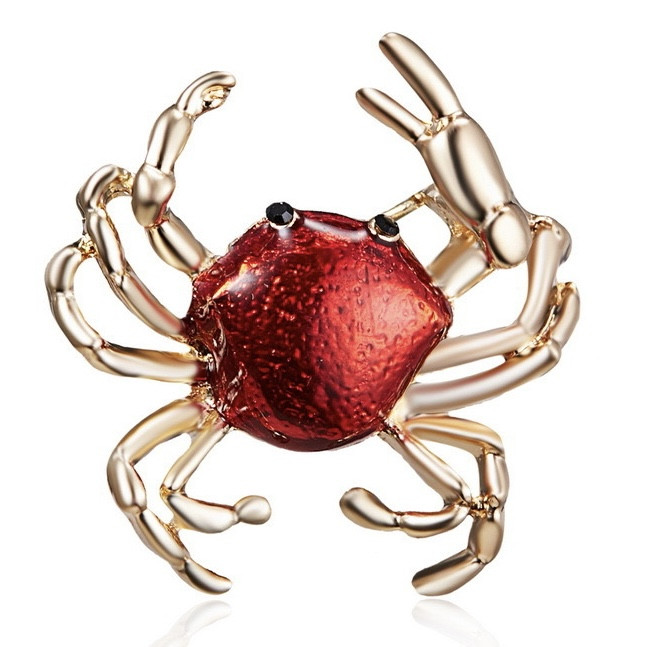 Брошка металева золотиста Краб покрита кольоровою емаллю розмір виробу 30х30 мм