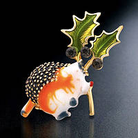 Брошка металева золотиста Їжачок із листочком покрита кольоровою емаллю розмір виробу 40х20 мм