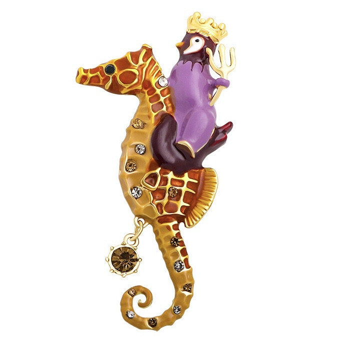 Брошка металева золотиста Морський Конек і Королівський Пінгвін кольорова емаль розмір виробу 90х40 мм