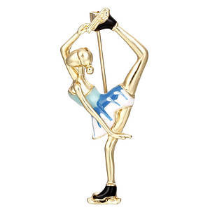 Брошка металева золотиста Гімнастка покрита кольоровою емаллю розмір виробу 40х20 мм