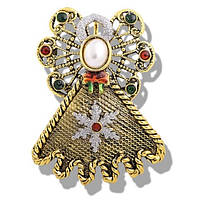 Брошка золотиста янголочок із сніжинкою з різнобарвним камінням і перлиною розмір виробу 60х40 мм