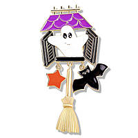 Брошка металева на золотистій основі каспер у будиночку з висувками покрита кольоровою емаллю розмір 95х45 мм