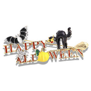 Брошка металева золотиста Happy Haloween покрита кольоровою емаллю розмір виробу 60х30 мм