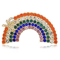 Брошка металева на золотистій основі веселка з масивними різнобарвними кристалами розмір 45Х80 мм