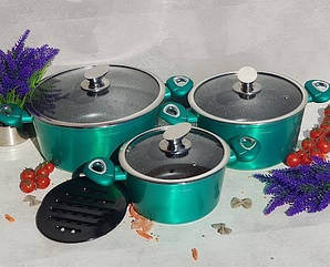 Набір каструль казанів із мармуровим покриттям Edenberg EB-7427 6 предметів Індукційне дно Зелений