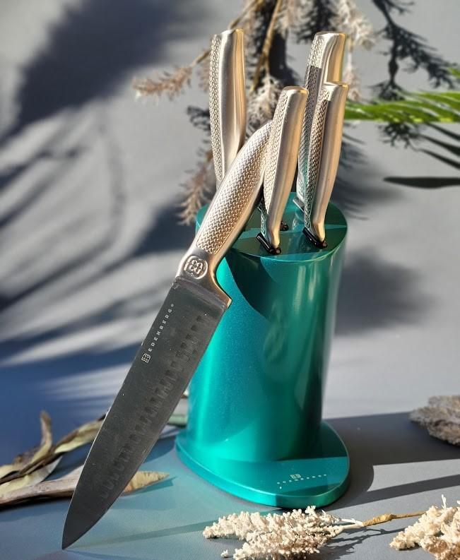 Набір ножів із неіржавкої сталі на підставці 6 предметів Edenberg EB-11021 Цільно литі Бірюзовий, фото 1