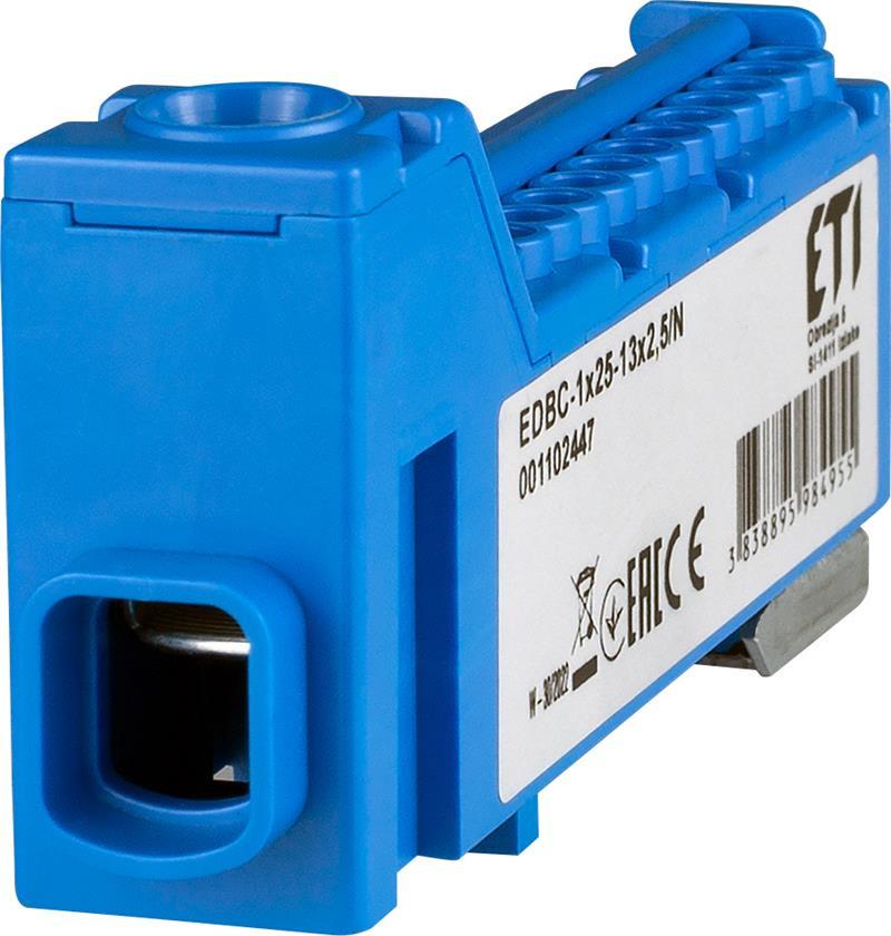 Блок розподільчий ETI, EDBC-1x25-13x2,5/N (63A, 1000V AC/1500V DC, IN: 1x25, OUT: 13x2,5; синій), фото 1
