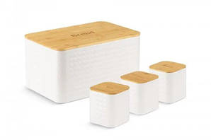 Хлібниця металева у наборі з 3 баночками для спецій Edenberg EB-161 з відкидною дерев'яною кришкою Білий