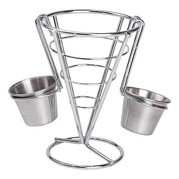 Кошик для картоплі фрі та снеків з 2 соусниками 50 мл конусний 15х15х13.5 см HP-19-7