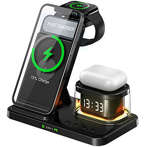 Бездротова зарядна станція 5 в 1 TRY 15W з годинником і нічником складна чорна