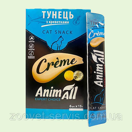 AnimAll Cat Snack Creme з тунцем та креветками рідкі ласощі для котів (6 стіків х 15 г), фото 1