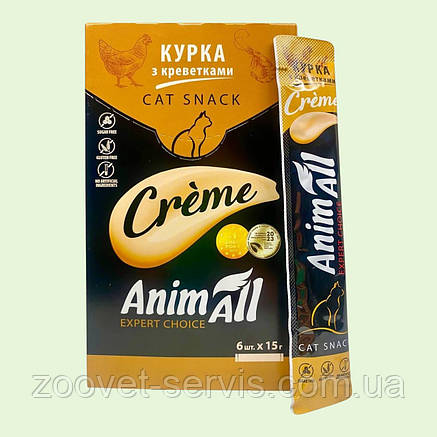 AnimAll Cat Snack Creme зі смаком курки та креветок рідкі ласощі для котів і кошенят (6 стіків х 15 г), фото 1