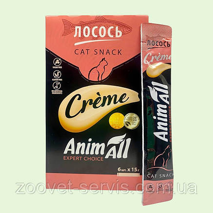 AnimAll Cat Snack Creme з лососем рідкі ласощі для котів і кошенят (6 стіків х 15 г), фото 1