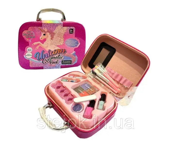 Косметика у валізі Єдиноріг малинова тіні помади набір для манікюру пензлі блискітки 20*8*14см (1687-C), фото 1