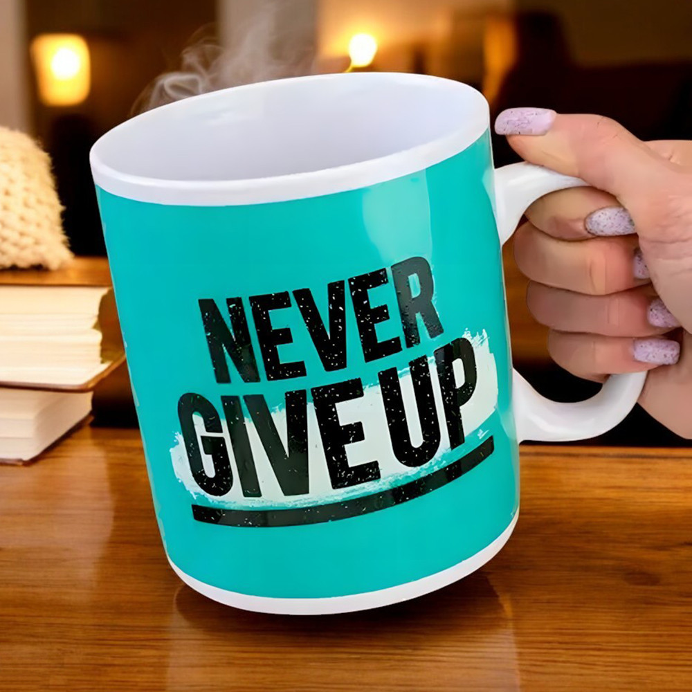 Велика керамічна кружка "Never give up", 1 літр, Бірюзова (Кружка гігант)
