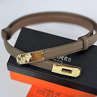 Женский узкий пояс из кожи бежевого цвета Неrmes Kelly тонкий ремень для платья с золотой пряжкой в коробке