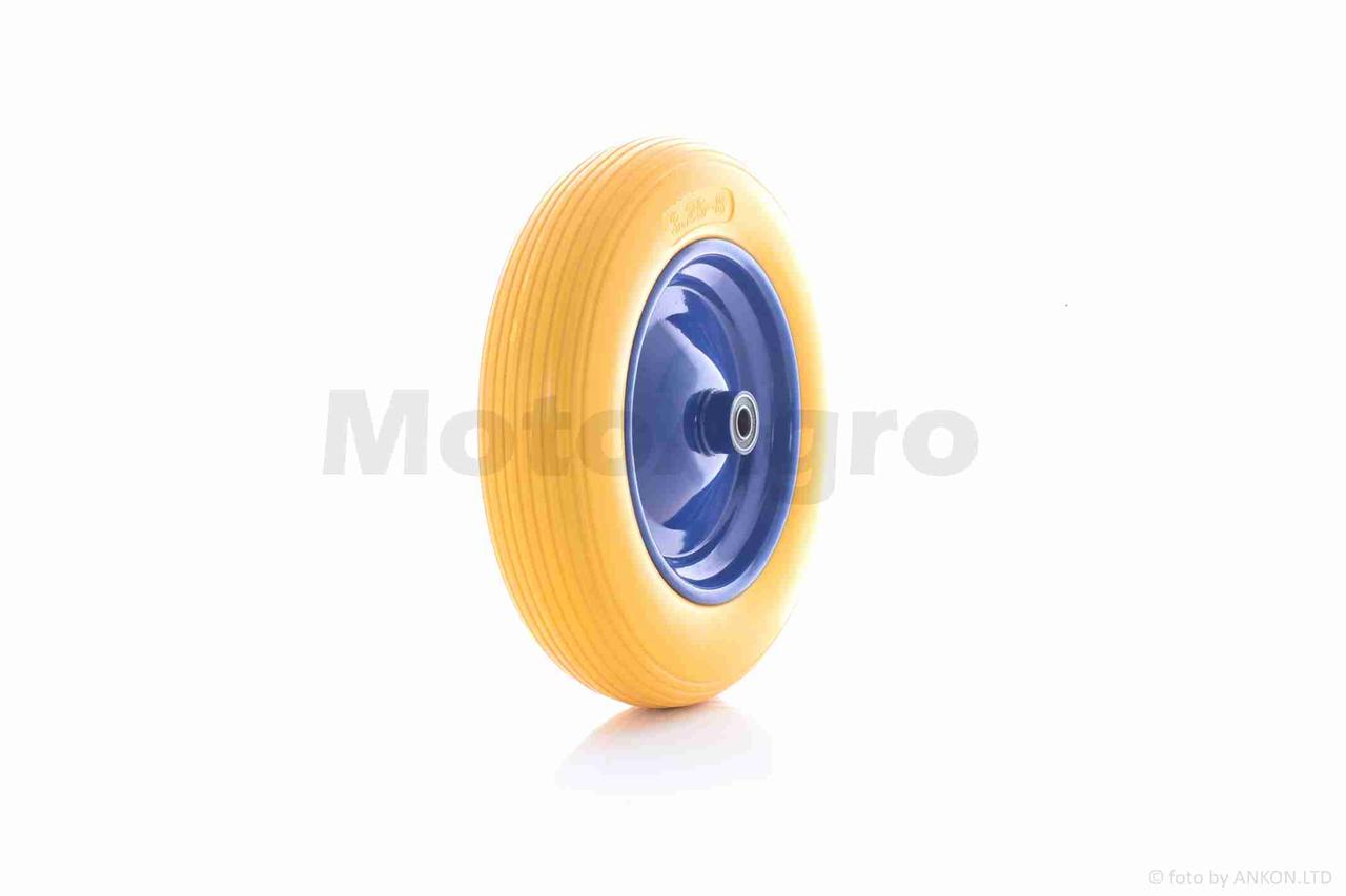 Колесо для тачки у зборі 3.25-8 (поліуретановий жовтий синій диск підшипник 6202 Ø16), фото 1