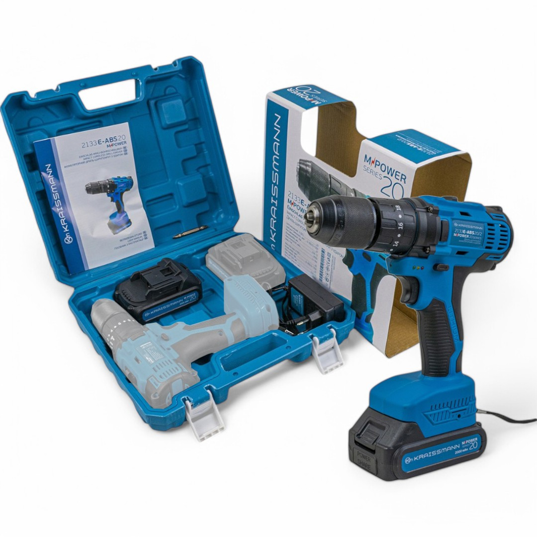 Акумуляторний шуруповерт KRAISSMANN 2133 E-ABS 20/2 (20В, Ударний, 2 акум. 2 А/год, кейс, НІМЕЧЧИНА), фото 1