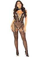 Сексуальний чорний бодістокінг з інтимним доступом Leg Avenue Crotchless Bodystocking with Heart Black OS