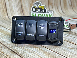 Блок перемикачів 3 клавіші, з підсвіткою клавіш, 2 виходи USB + Вольтметр 12-24