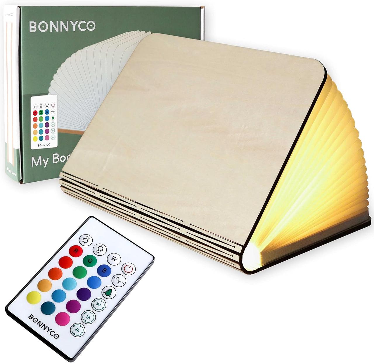 BONNYCO Led Book Light Дерев'яна складна лампа з дистанційним керуванням, 16 кольорів та таймер Настільна книжкова лампа