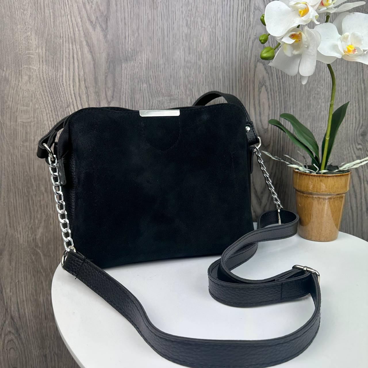 Жіноча замшева сумка чорна через плече, невелика жіноча сумочка натуральна замша, фото 1