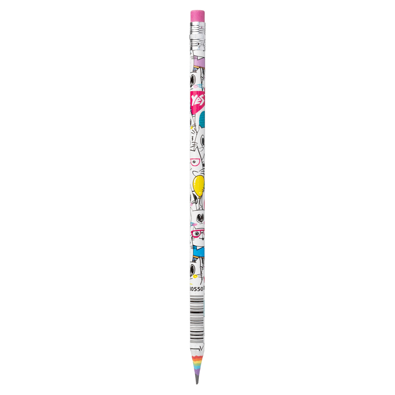Олівець чорнографітний YES Happy Colours круглий з гумкою, твердість НВ, 24 шт у тубусі, перероблений папір