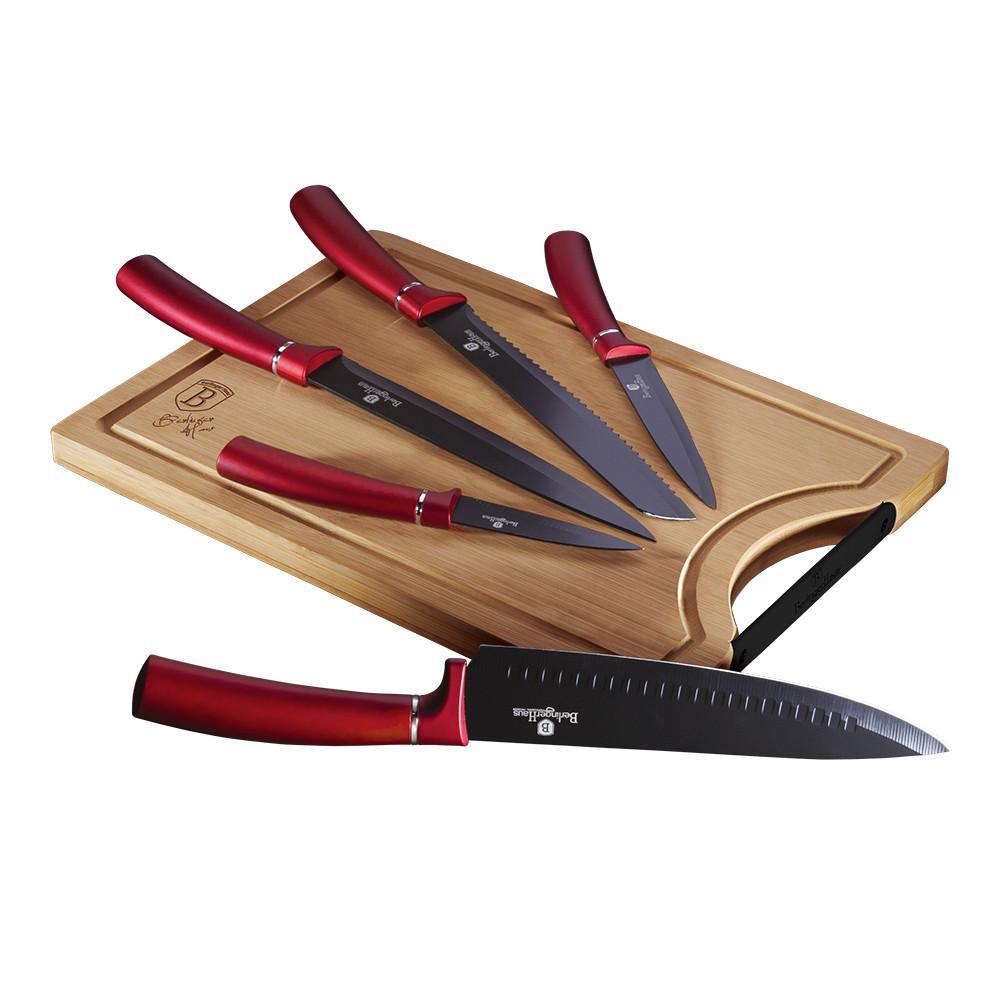Набір з 6 ножів з бамбуковою обробною дошкою Berlinger Haus Metallic Line Burgundy Edition (BH-2552)