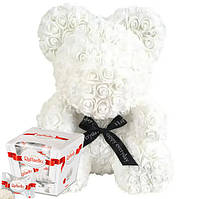 Подарунок для дівчини ведмедик з троянд 3D квітів 25 см. БІЛИЙ + Raffaello цукерки