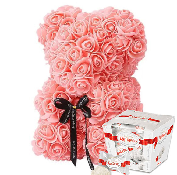 Ведмедик із троянд 3D Teddy Flower у подарунковій коробці 25см Ніжно-рожевий + Raffaello цукерки