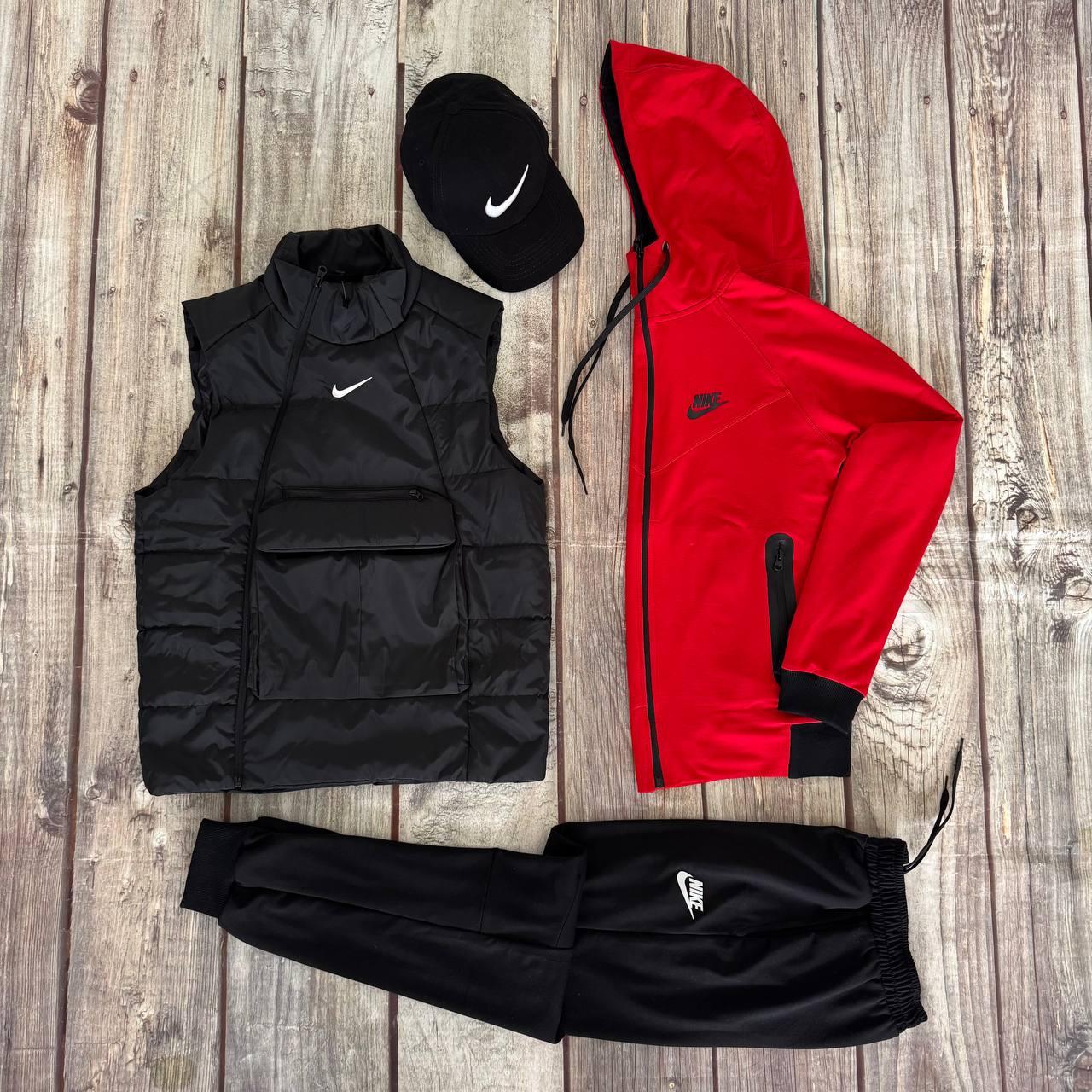 Чоловічий спортивний костюм Nike Tech + Жилетка Кепка в подарунок червоний Найк Теч весняний осінній