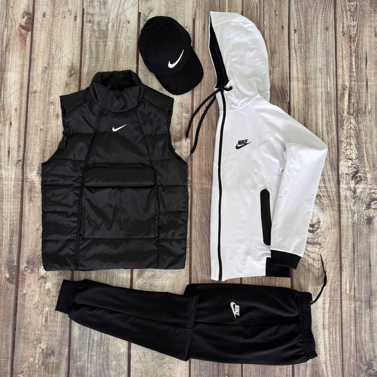 Чоловічий спортивний костюм Nike Tech + Жилетка Кепка в подарунок білий Найк Теч весняний осінній