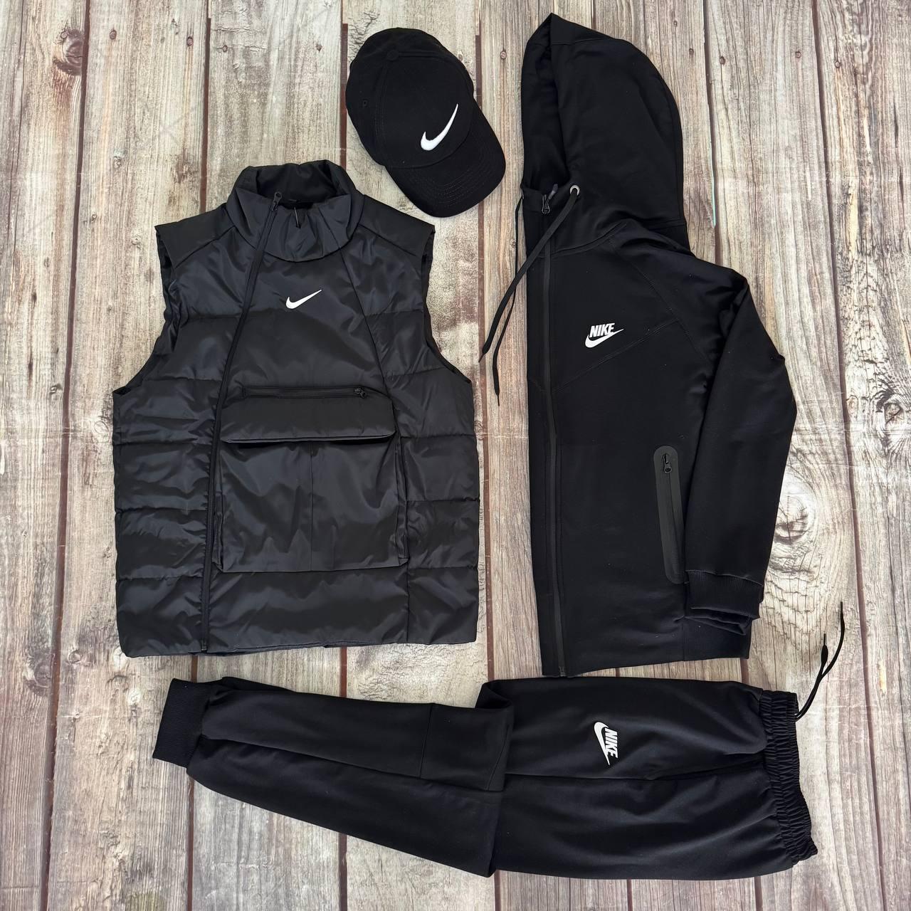 Чоловічий спортивний костюм Nike Tech + Жилетка Кепка в подарунок чорний Найк Теч весняний осінній