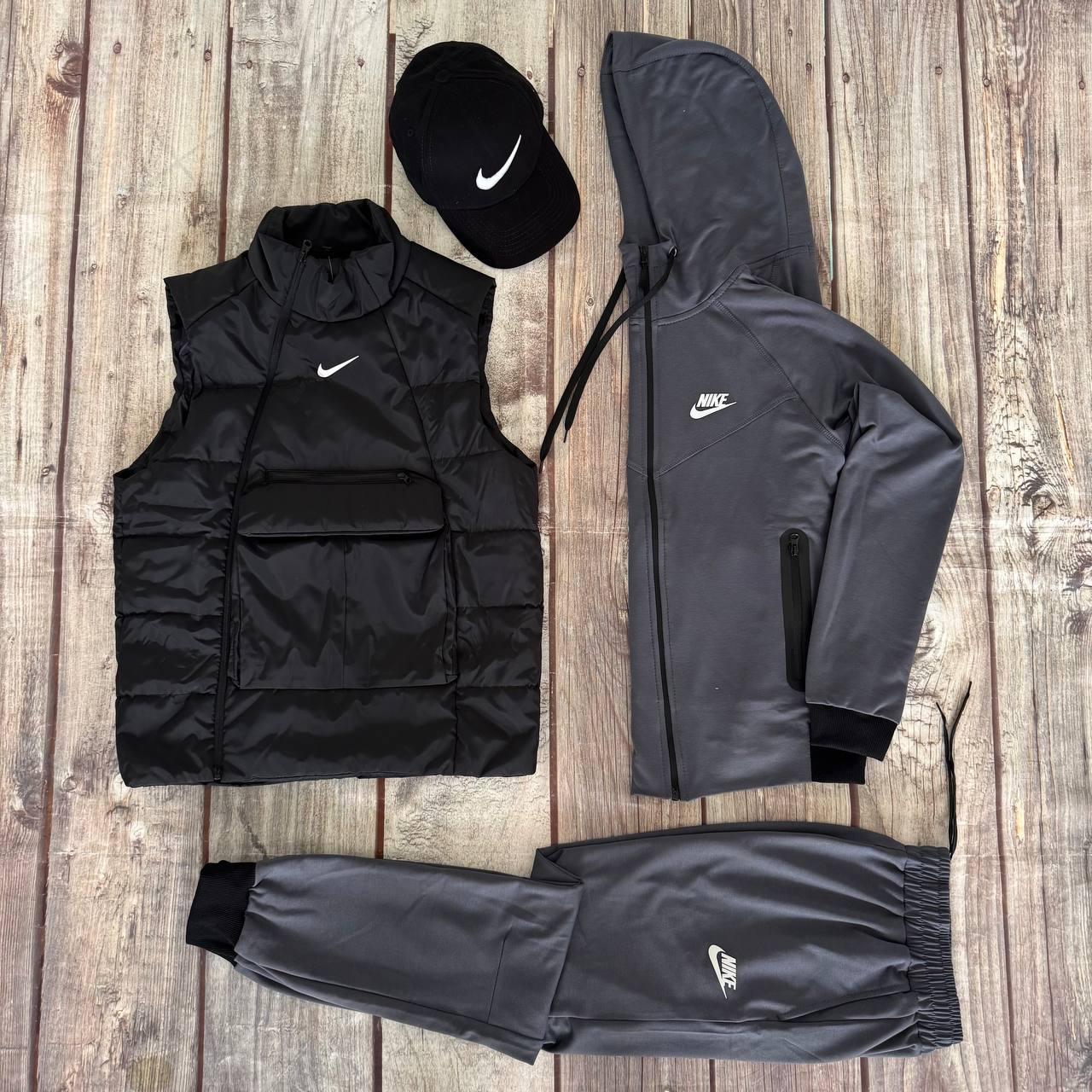 Чоловічий спортивний костюм Nike Tech + Жилетка Кепка в подарунок сірий Найк Теч весняний осінній