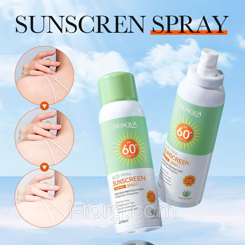 Сонцезахисний спрей із екстрактом алое віра Bioaqua Aloe Vera Sunscreen Repair Spray SPF60+, 150 мл.