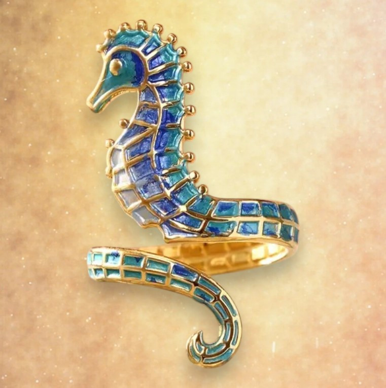 Золотистий богемський перстень з морським коником і блакитною емаллю розмір регулюється, фото 1