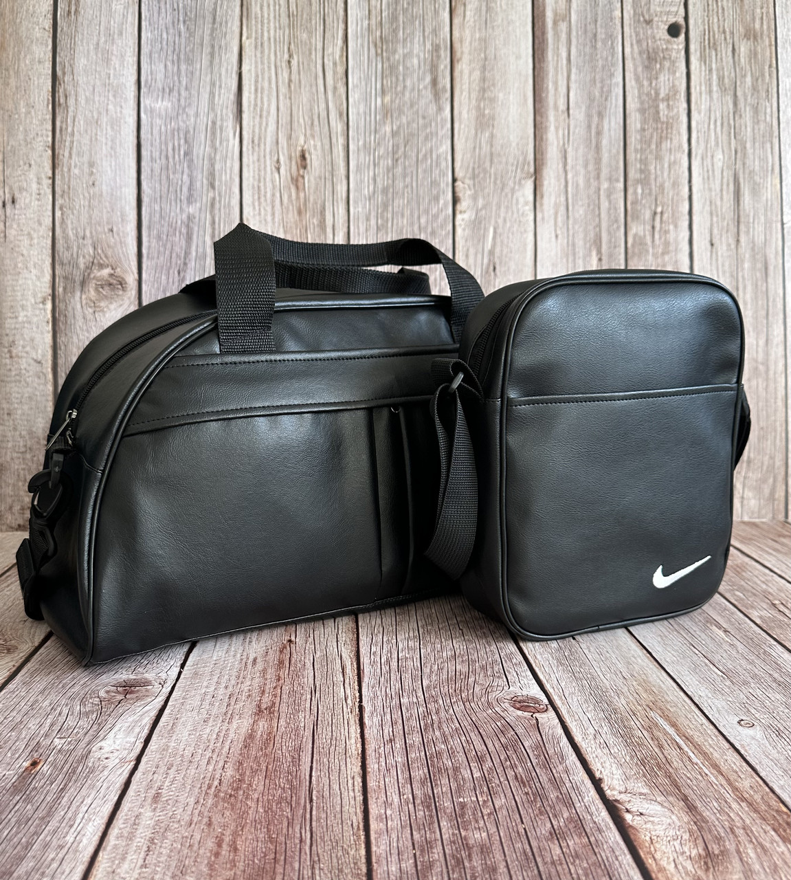 Шкіряний комплект спортивна сумка найк Nike + барсетка шкіряна чорна