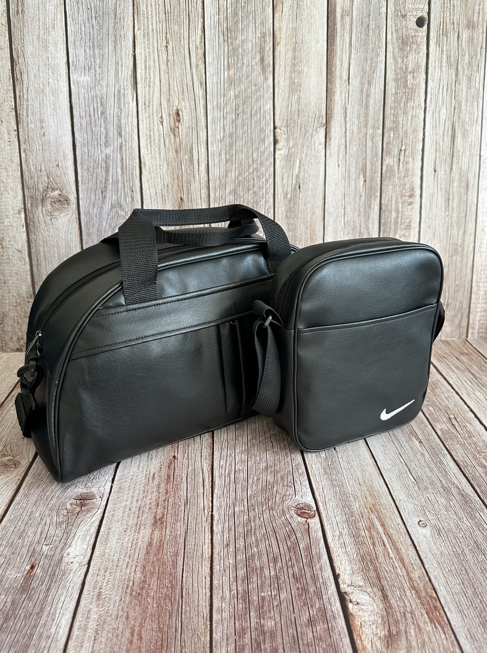Шкіряна спортивна сумка для залу найк + барсетка шкіряна Nike чорна
