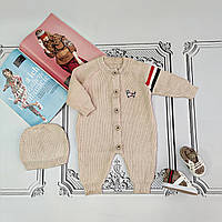 Дитячий бежевий теплий в'язаний чоловічок, ромпер для новонароджених, комплект з шапочкою