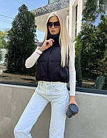 Стильна жіноча чорна коротка жилетка на блискавці, утеплена весняна дута жилетка, укорочена жилетка S