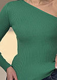 Жіноча кофта в рубчик з одним рукавом, зелений трендовий лонгслів, облягаючий жіночий светр S, фото 3