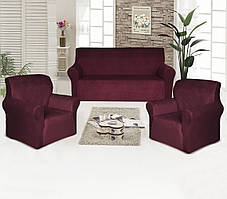 Набір чохлів на диван тримісний і 2 крісла велюр бордо Love You