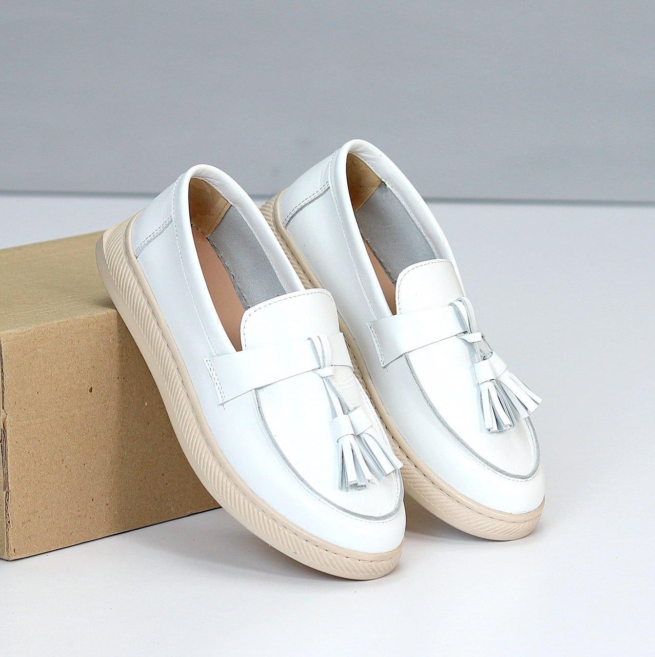 Жіночі лофери шкіряні мокасини зручні стильні білі натуральна шкіра, фото 1