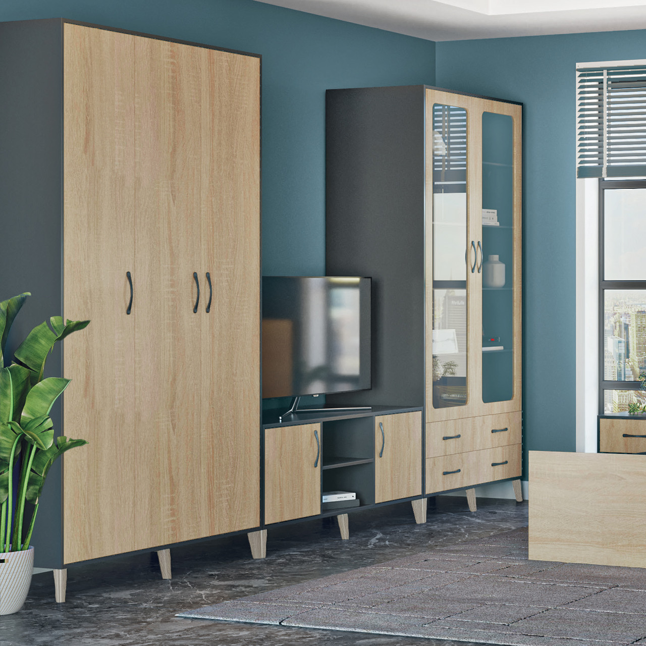 Стильна модульна стінка під телевізор з шафою для одягу на ніжках у вітальню зал Фокс Київський Стандарт