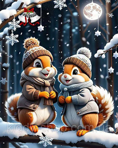 Діамантова вишивка. Картина на підрамнику "Пара білочок", 40х50см, квадратні стрази, фото 1