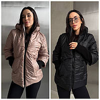 Жіноча демісезонна куртка з капюшоном з плащової тканини: 42-44, 46-48, 50-52. Кольори: мокко, чорний.