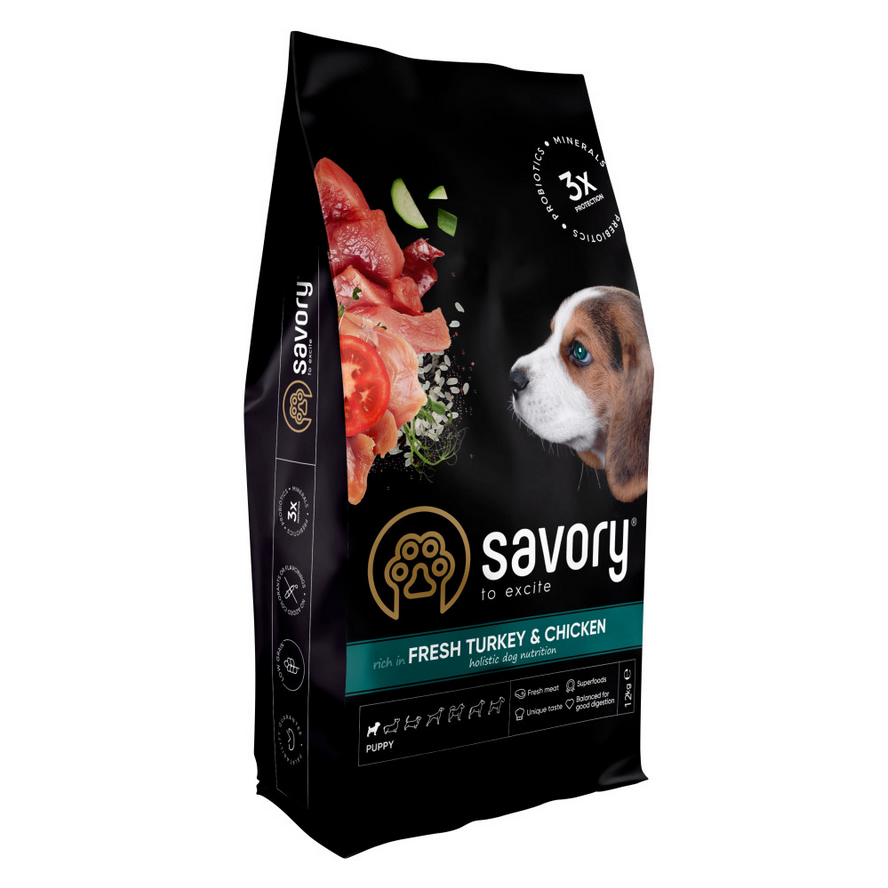 Сухий корм Savory Puppy для цуценят усіх порід зі свіжою індичкою і куркою 12 кг