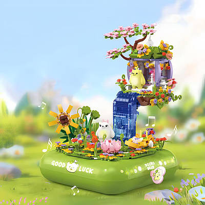 Милий музичний конструктор діорама Міні водоспад із ведмежатами для дитини 970 деталей Світло звук і 2 фігурки