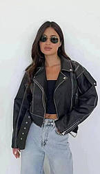 Куртка косуха з екошкіри укорочена потерта чорна з ременем