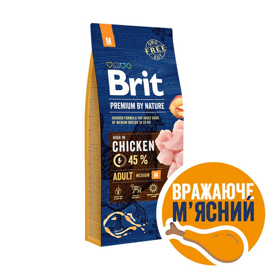 Сухий корм Brit Premium Dog Adult M для дорослих собак середніх порід з куркою 15 кг